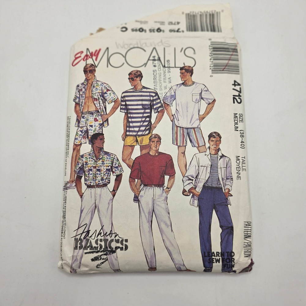 McCall's 4712 Sewing Pattern Men Shirt T-Shirt Pants Shorts 1990 Vintage Medium